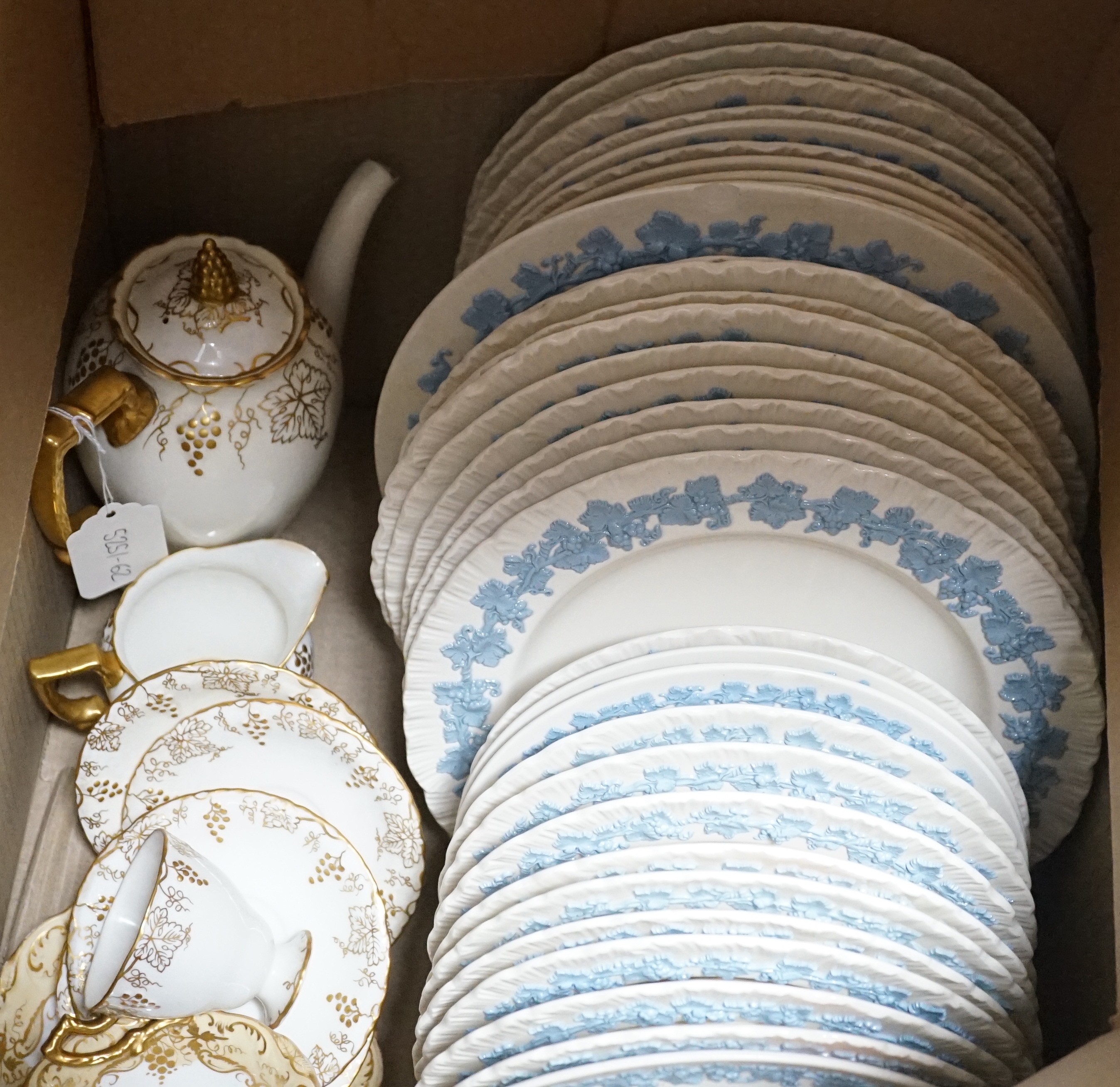 A Royal Crown Derby coffee set, a Wedgwood Queens ware part dinner and coffee service and other ceramics